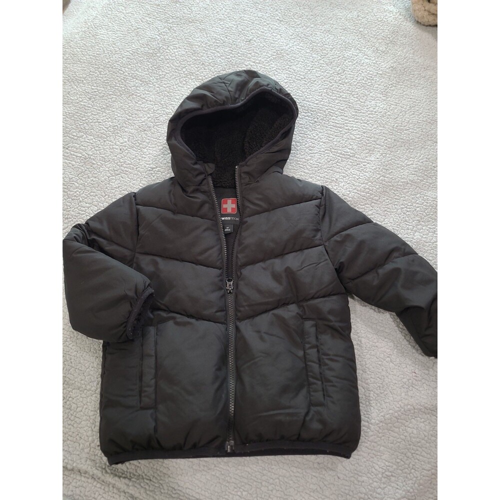 Swiss Tech Youth Boys Girls Kids Winter Puffer Jacket Hooded Black Zip Sz 4T B25